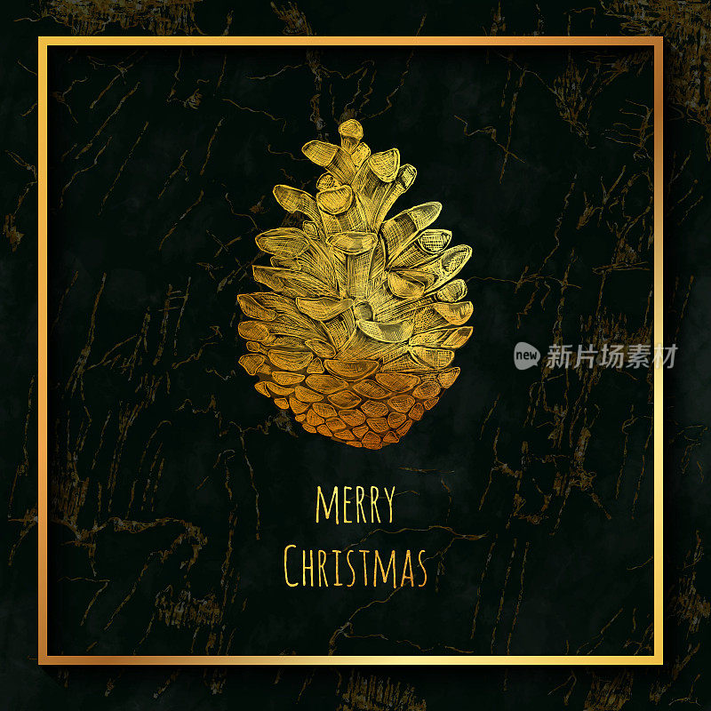 Gold Colored Christmas Greeting Card. Hand Drawn Pinecone wtih Green Marble Texture with Gold Veins. Christmas and New Year Greeting Card Background Template, Christmas Present Wrapping Paper.